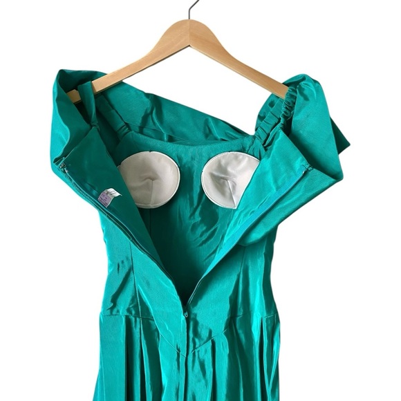 Vintage 80s Green Bow Front Prom Special Occasion Midi Off-Shoulder Dress Sz 3-4 - Picture 7 of 8